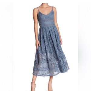 NSR Dusty Blue Lace Midi Dress with Spaghetti Straps